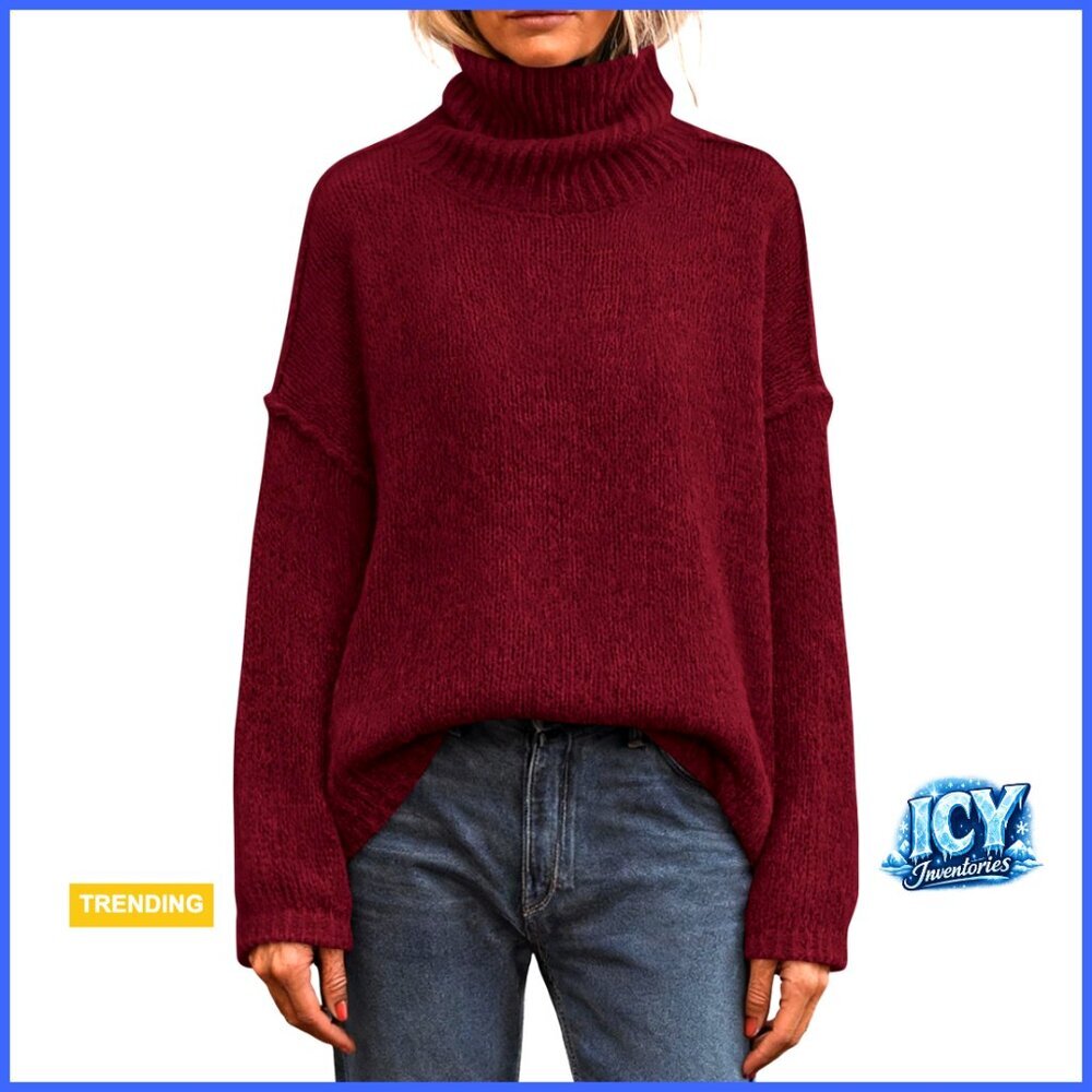 Turtleneck Pullover Sweater, Loose Fit, Long Sleeve, Hand Wash Only